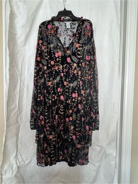Sundance Black Sheer Mesh Dress with Pink, Orange, & Green Floral Embroidery